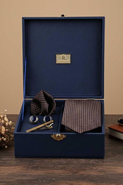 Kravatkolik Navy Blue Men's Gift Box - Tie with Handkerchief Cufflinks Tie Clip Kmk69