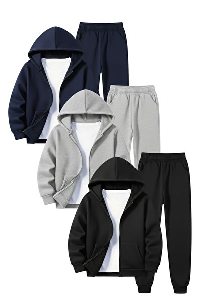 FYK KİDS Ανδρικό σετ αθλητικής φόρμας 3 τεμαχίων K με κουκούλα με 3-σκέλη χοντρό χειμωνιάτικο μονόχρωμο φερμουάρ