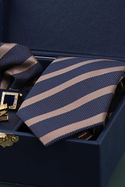 Kravatkolik Navy Blue Men's Gift Box - Tie with Handkerchief Cufflinks Tie Clip Kmk71