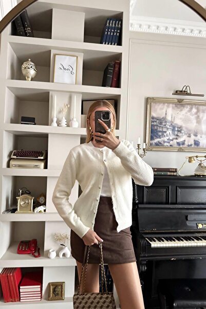 manana fashion Pearl Buttoned Fur Textured Knit Cardigan