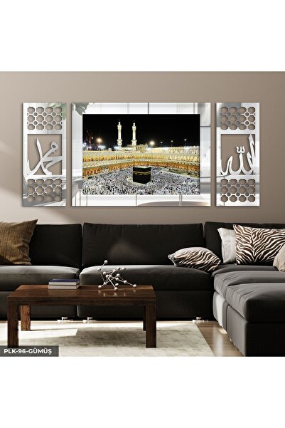 Evinemoda Kabe Manzaralı İslami 3 Parça Gümüş Pleksi Aynalı Yan Dekorlu Tablo