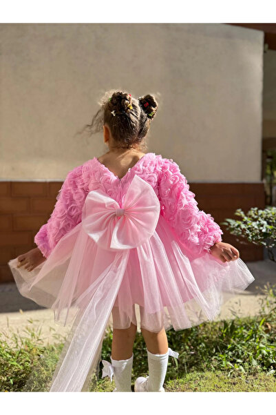 Minizade Rochie pentru fetiță cu mâneci lungi, cu fundă, cu trandafiri, petrecere de aniversare, nuntă, ocazie specială, rochie de seară, rochie pentru fetiță