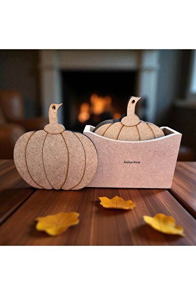 Atölye Kiraz Raw Wooden Pumpkin Figured Coaster: Autumn Themed Paintable Kitchen Decor
