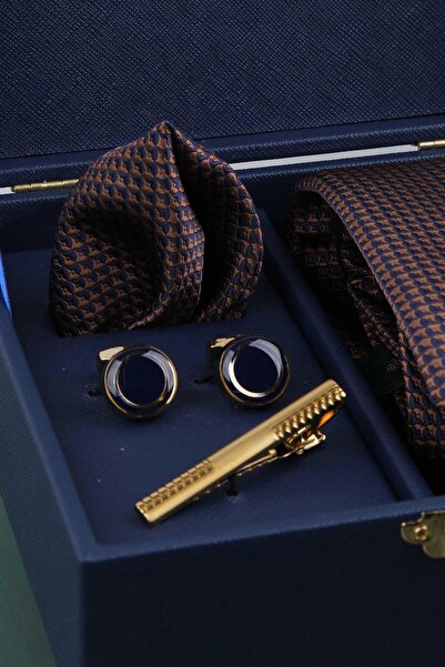 Kravatkolik Navy Blue Men's Gift Box - Tie with Handkerchief Cufflinks Tie Clip Kmk69