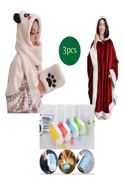 Generic طقم 冬ي مميز 3 قطع: 🧣 جاكيت ناعم بغطاء رأس وتصميم مخلب دافئ 🧥 بطانية...
