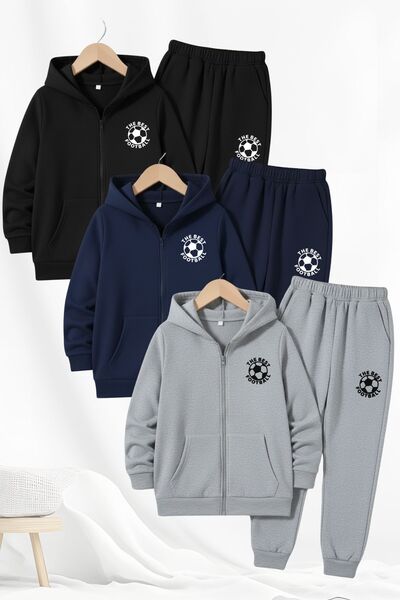 FYK KİDS 3 İplik Kalın Kışlık Futbol Baskı Detaylı Fermuarlı Kapüşonlu 3'lü E...