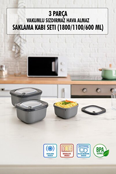 Mustran Square 3 Piece Vacuum Sealed Air-Free Storage Container Set Smoked (1800/1100/600 ml)