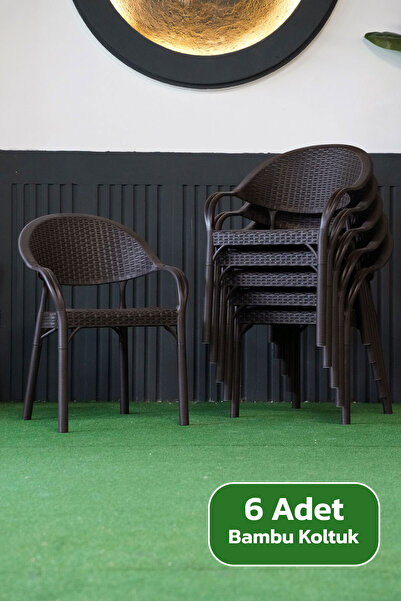 Alezy Bambu Rattan Kollu Koltuk 6 Adet Kahverengi