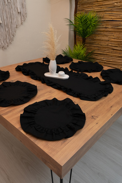 abidehanım Lira | Black 7 Piece Double Ruffle Tablecloth Presentation Set 40 X 150