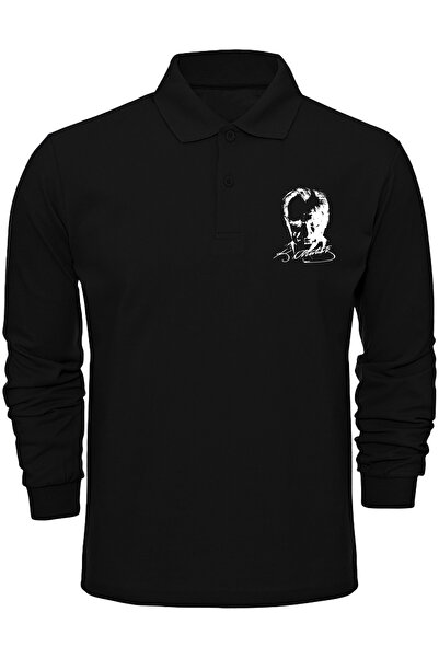 Çapıt 100% Cotton Polo Neck Ataturk Printed Black Long Sleeve November 10 T-Shirt