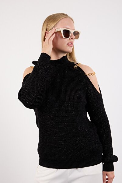 Moda Days Women's Black Chain Detailed Off-Shoulder Half Turtleneck Silvery Knitwear Sweater