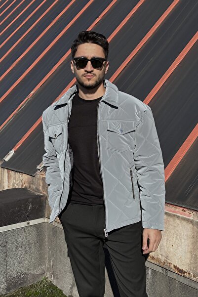 inpool Shirt Collar, Oversized, Double Pocket Flap, Diamond Patterned Quilted Jacket 2504