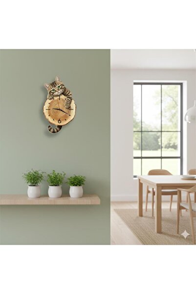 CajuArt Kütük Üzerinden Bakan Tekir Kedi Tasarımlı Duvar Saati Modern Dekoratif Saat