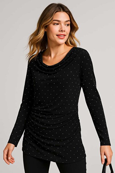 Şans Γυναικεία μπλούζα μεγάλου μεγέθους, μαύρη, με γιακά με διακοσμητικό στρί...