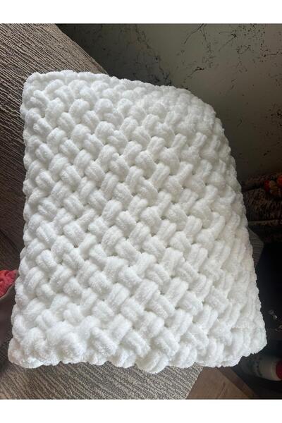 Dodemert Home Alize Puffy White Hand Knitted Baby Blanket 100 X 100 cm