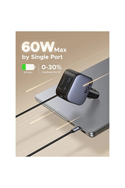 Ugreen Nexode Car Charger with Retractable USB-C and USB Ports 90W - Space Gray