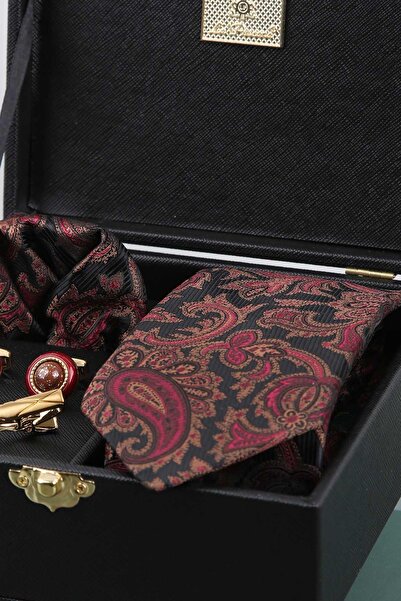 Kravatkolik Black Men's Gift Box - Tie with Handkerchief Cufflinks Tie Clip Kmk80