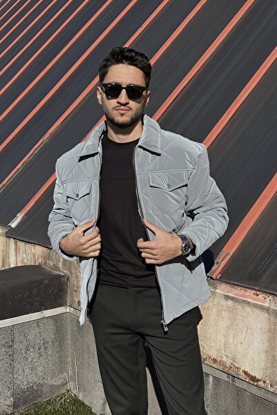 inpool Shirt Collar, Oversized, Double Pocket Flap, Diamond Patterned Quilted Jacket 2504