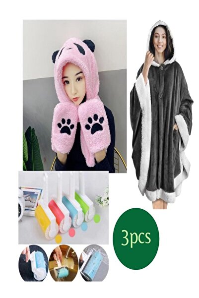 Generic 3-piece winter set: 1️⃣ A cute panda-themed fur hat with paw-shaped gloves, soft and warm.