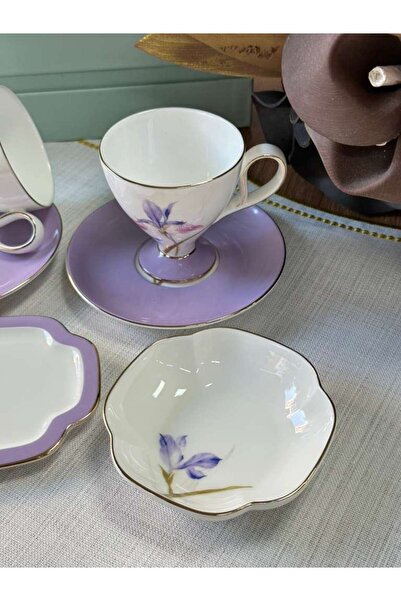 MD MİMOZA DEKOR Turkish Coffee Cup Veronica Flora 2 Person Set 6 Pieces / Turkish Delight Bowl / Snack Bowl