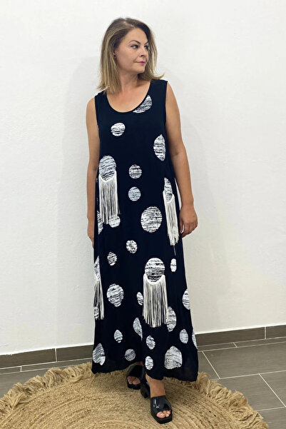 Mia Butik Women's Italian Voile Cotton Printed Tassel Detailed Black Dress