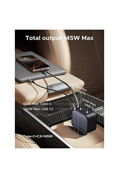 Ugreen Nexode Car Charger with Retractable 2 USB-C and USB Ports 145W - Space Gray