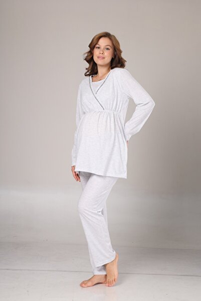 BLACKMORE Women's Gray Jacquard Shawl Collar Winter Double-Breasted Cotton Maternity Pajamas Set with Dressing Gown 3-Piece Pajama Set