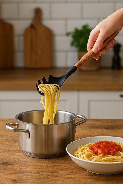 Mustran ملعقة تقديم المعكرونة السباغيتي من السيليكون بمقبض من الخيزران باللون...