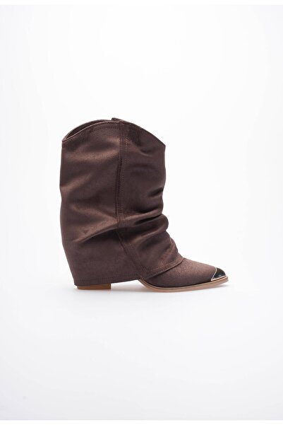 Mubiano Kadın Süet Bot Körüklü Çekme Platin Detaylı Western Kahve Milora