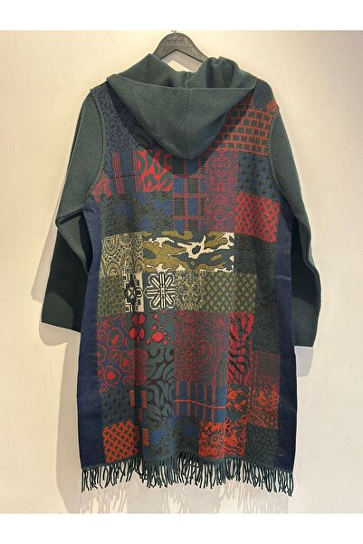 Desen Triko Ethnic Pattern Hooded Wool Cardigan with Bag Pockets