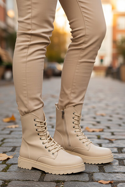 AYAKMOD Beige Women's Boots with Fur Inside and Zipper 525383 Z