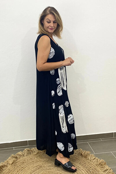 Mia Butik Women's Italian Voile Cotton Printed Tassel Detailed Black Dress