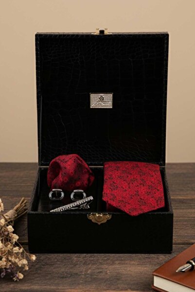 Kravatkolik Black Men's Gift Box - Tie with Handkerchief Cufflinks Tie Clip Kmk74