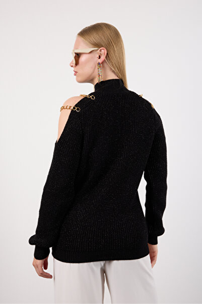 Moda Days Women's Black Chain Detailed Off-Shoulder Half Turtleneck Silvery Knitwear Sweater