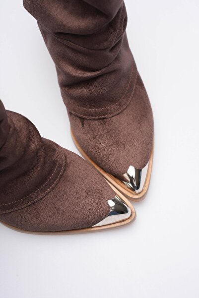 Mubiano Kadın Süet Bot Körüklü Çekme Platin Detaylı Western Kahve Milora