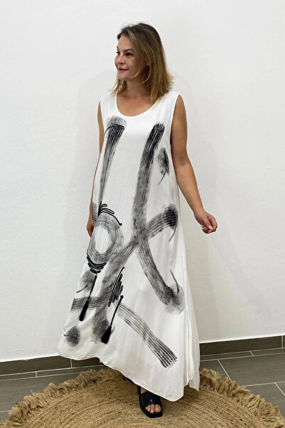 Mia Butik Women's Italian Voile Cotton Printed Tassel Detailed White Dress