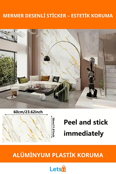 Letsii ملصق حائط من البلاستيك والألومنيوم مقاوم للماء بنمط رخام أبيض من الفينيل