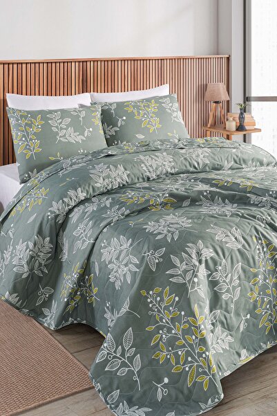 Eponj Home Kapitone Yatak Örtüsü Seti Çift Kişilik Line Leaf Zümrüt Yeşili