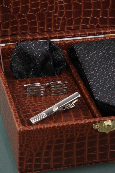 Kravatkolik Taba Men's Gift Box - Tie with Handkerchief Cufflinks Tie Clip Kmk76