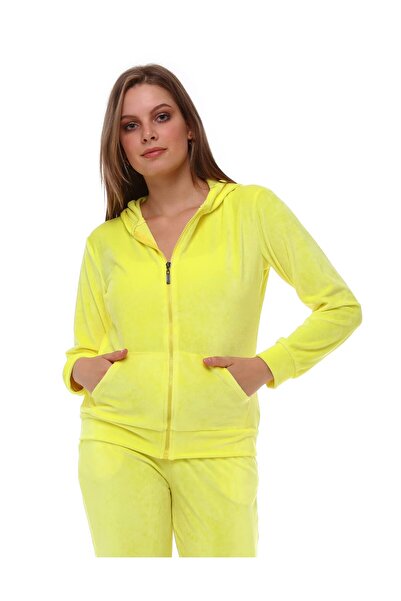 NOLIHOO Kadın Kadife Eşofman Takımı Kapüşonlu Fermuarlı Lastikli Paça Şık Rahat Model