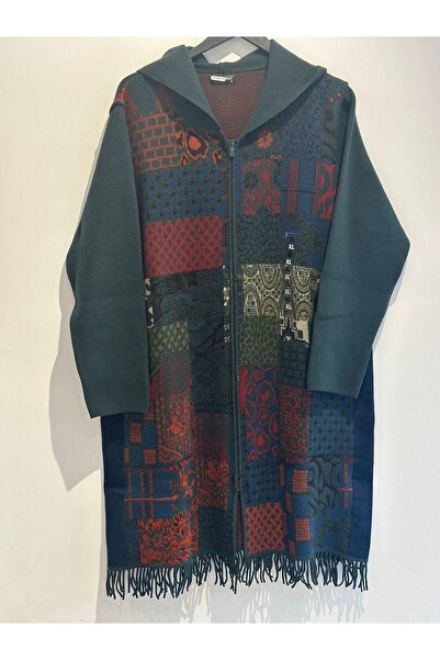 Desen Triko Ethnic Pattern Hooded Wool Cardigan with Bag Pockets