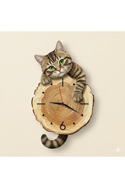 CajuArt Kütük Üzerinden Bakan Tekir Kedi Tasarımlı Duvar Saati Modern Dekoratif Saat