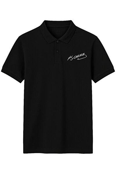 Çapıt 100% Cotton Polo Neck Ataturk Signature B Printed Black Short Sleeve November 10 T-Shirt