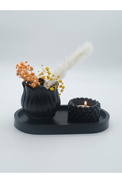 ATEŞLER HEDİYELİK مجموعة مزهرية صغيرة سوداء مزخرفة بنقش زهرة التوليب وحامل شم...