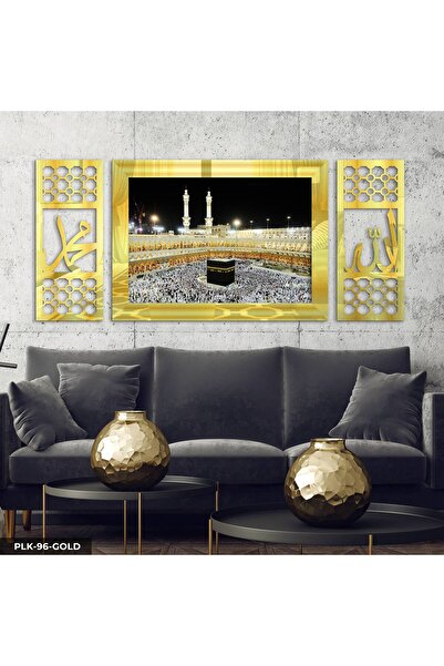 Evinemoda Kabe Manzaralı İslami 3 Parça Gold Pleksi Aynalı Yan Dekorlu Tablo