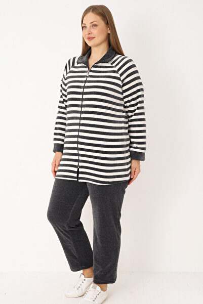 İntensive Striped Long Sleeve Pocket Cotton Velvet Zipper Turtleneck Women's Plus Size Tracksuit Set