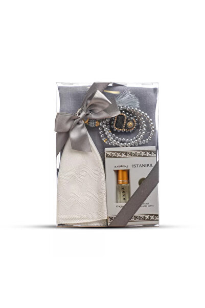 Hayrat Neşriyat Scarf + Headscarf + Essence + Prayer Beads + Dhikr Mat Gift Set (Acetate Boxed, Gray)