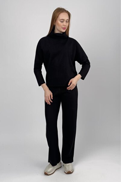 Betimoda Women's High Neck Knit Sweater Pants Set Black