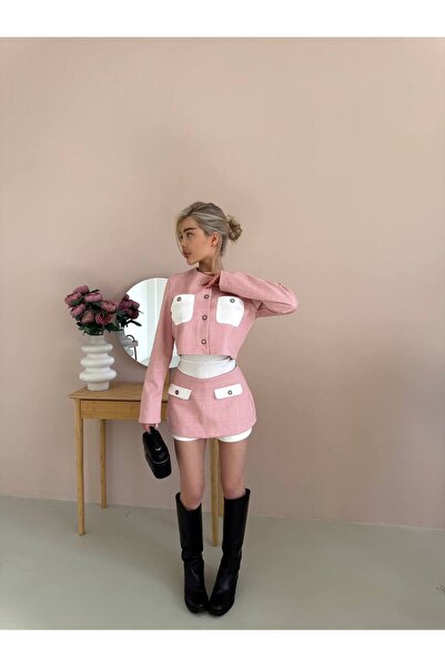 Elia Swimwear Elegant tweed set for women - Jacket, skirt, shorts - Pink Bellagio