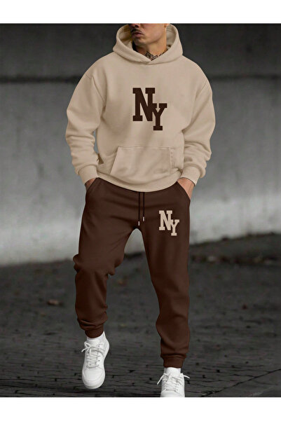 EVIus Hooded New York Printed 100% Cotton Full Winter Inside Full Raster Oversize Tracksuit Set